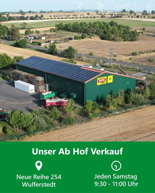 Drohnenaufnahme von der Kartoffellagerhalle. Hinweis auf den Ab Hof Verkauf von Agrar Dippe. Standort: Neue Reihe 254, Wulferstedt Öffnungszeiten: Jeden Samstag 9:30 bis 11:00 Uhr